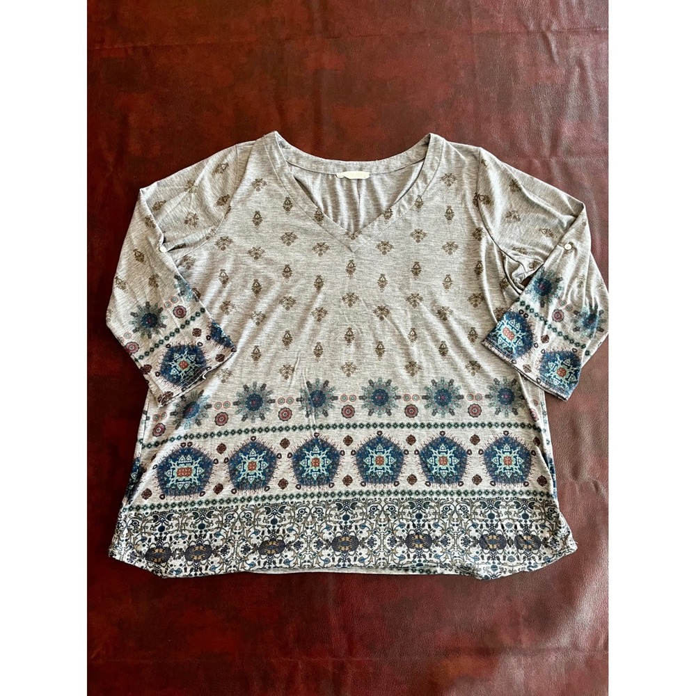 August Mist Womens XL Gray Boho Border Print V-Neck 3/4 Sleeve Top 81014DSFP
